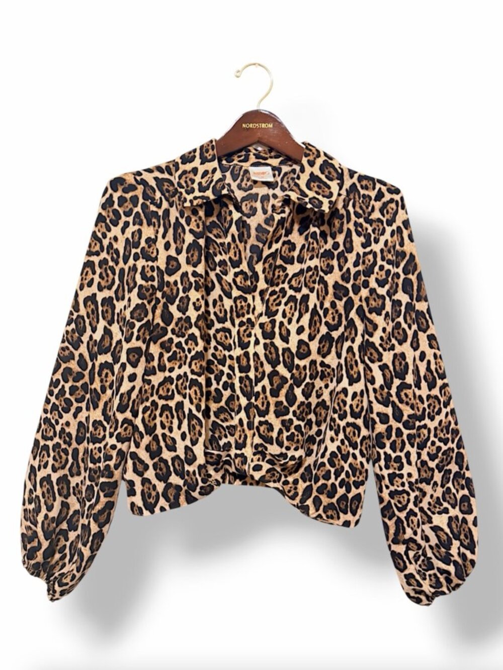 Intempo Leopard Print Long-Sleeve Collared Elastic waist Blouse size M